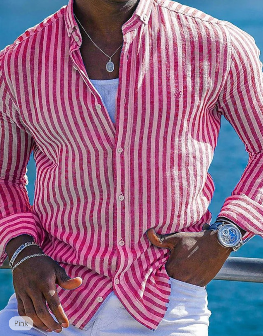 Chemise Homme Slim Fit À Rayures En Lin Et Coton Respirante À Manches Longues Pour L'Été Essentielle