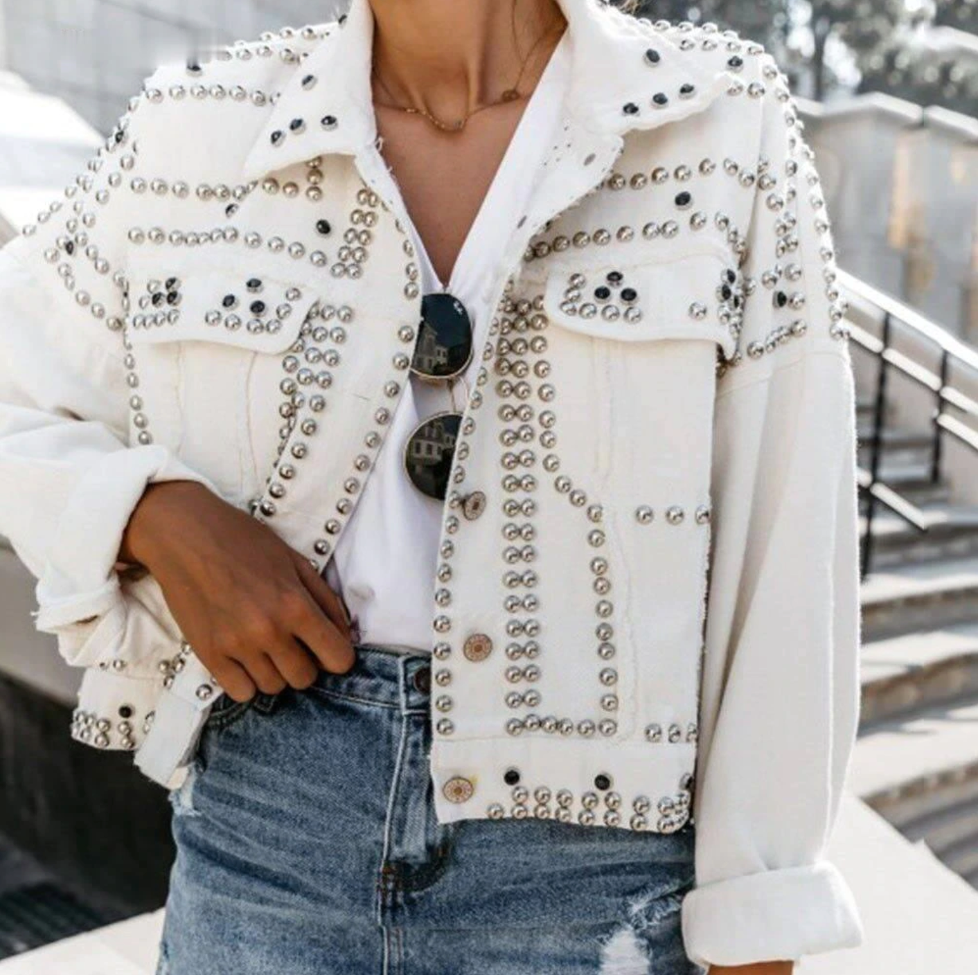 Rachel Veste Courte Décontractée Avec Clous Métalliques Pour Femmes Style Streetwear Polyvalente