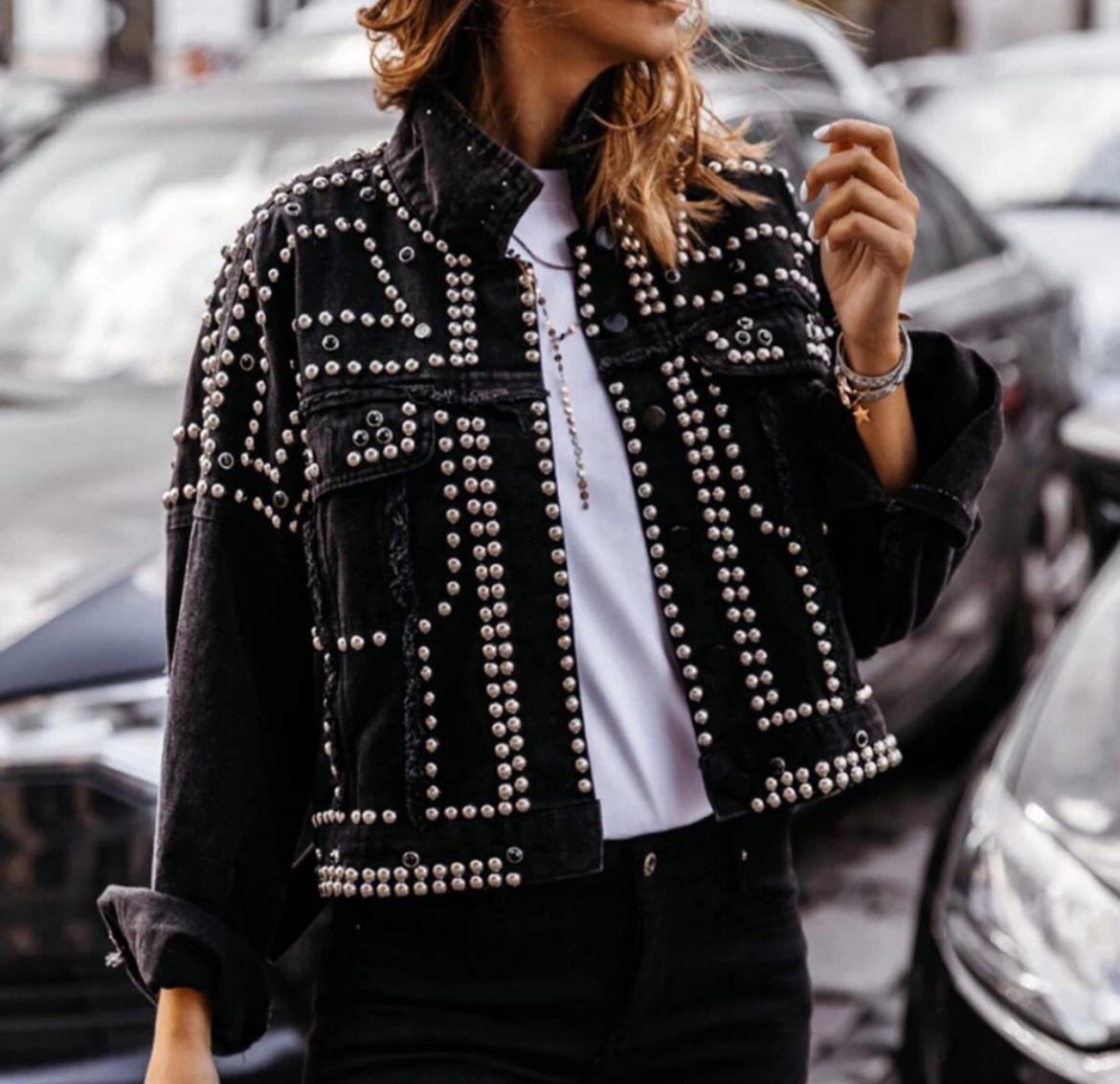 Rachel Veste Courte Décontractée Avec Clous Métalliques Pour Femmes Style Streetwear Polyvalente
