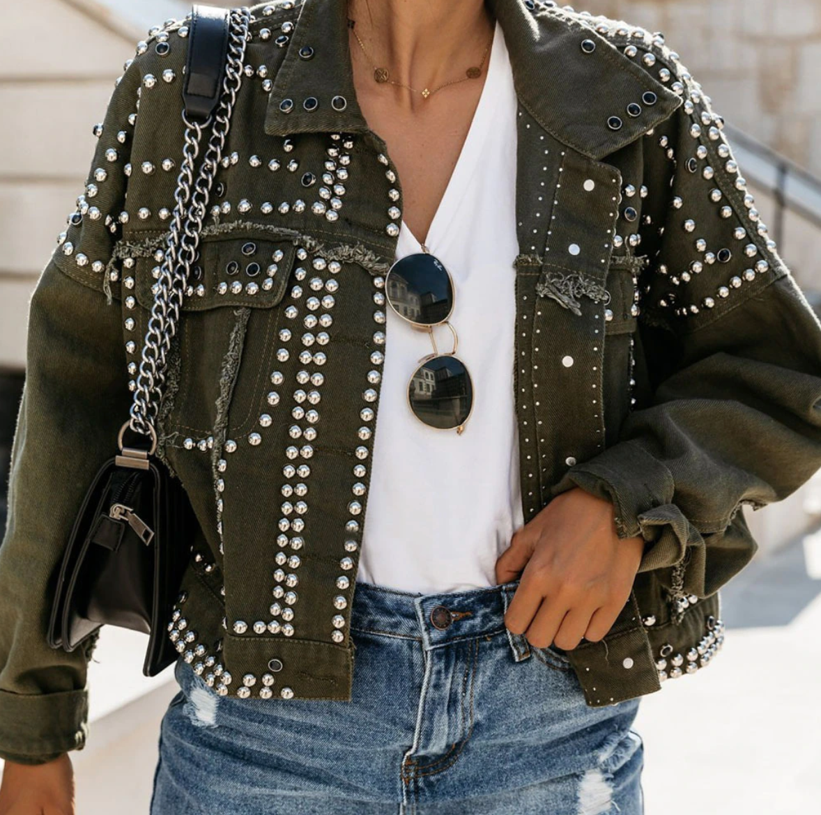 Rachel Veste Courte Décontractée Avec Clous Métalliques Pour Femmes Style Streetwear Polyvalente