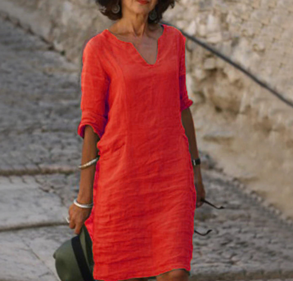 Damen-Leinen-Midikleid mit V-Ausschnitt