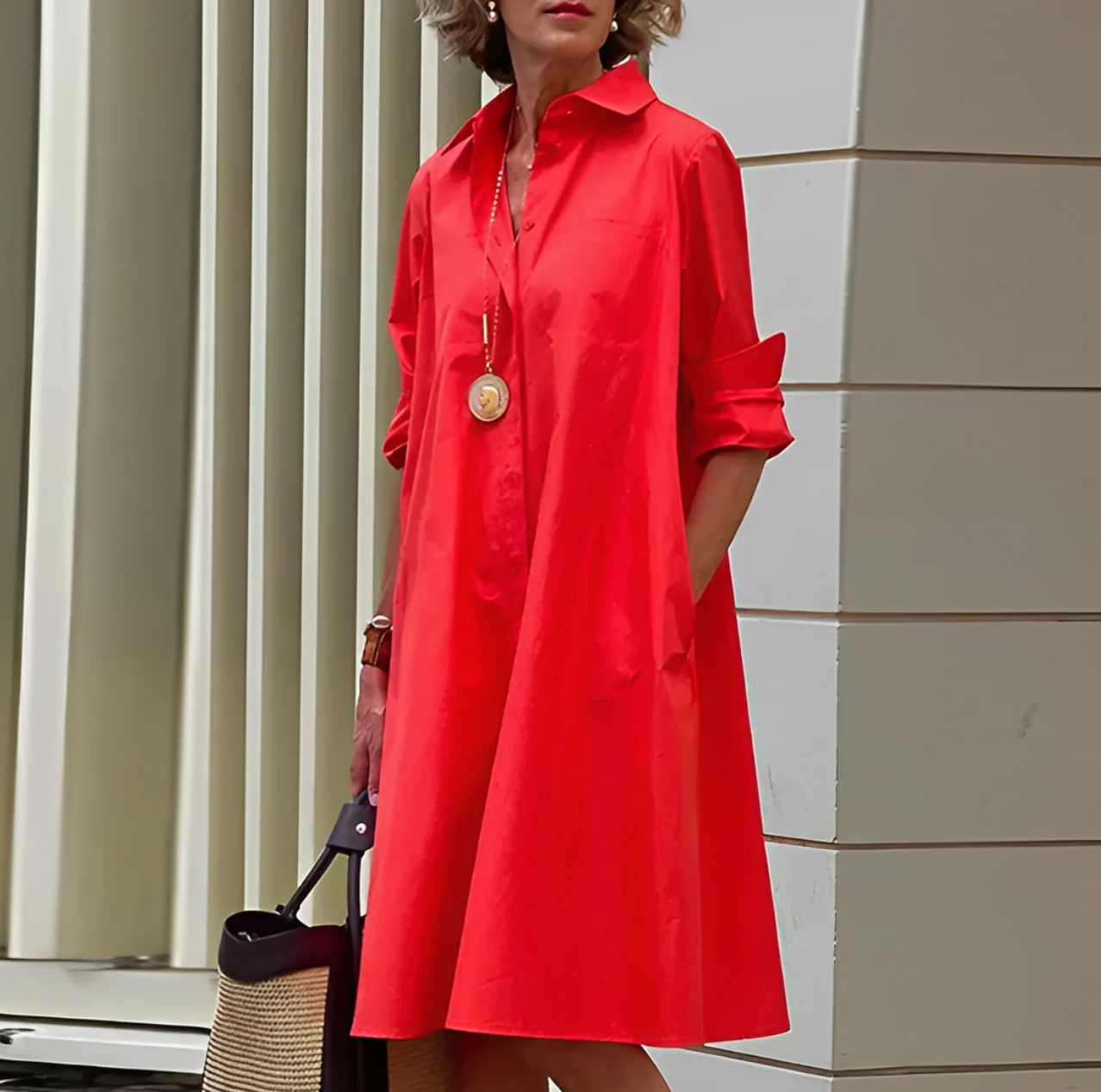 Damen A-Linien-Hemdkleid mit langen Ärmeln im klassischen Stil