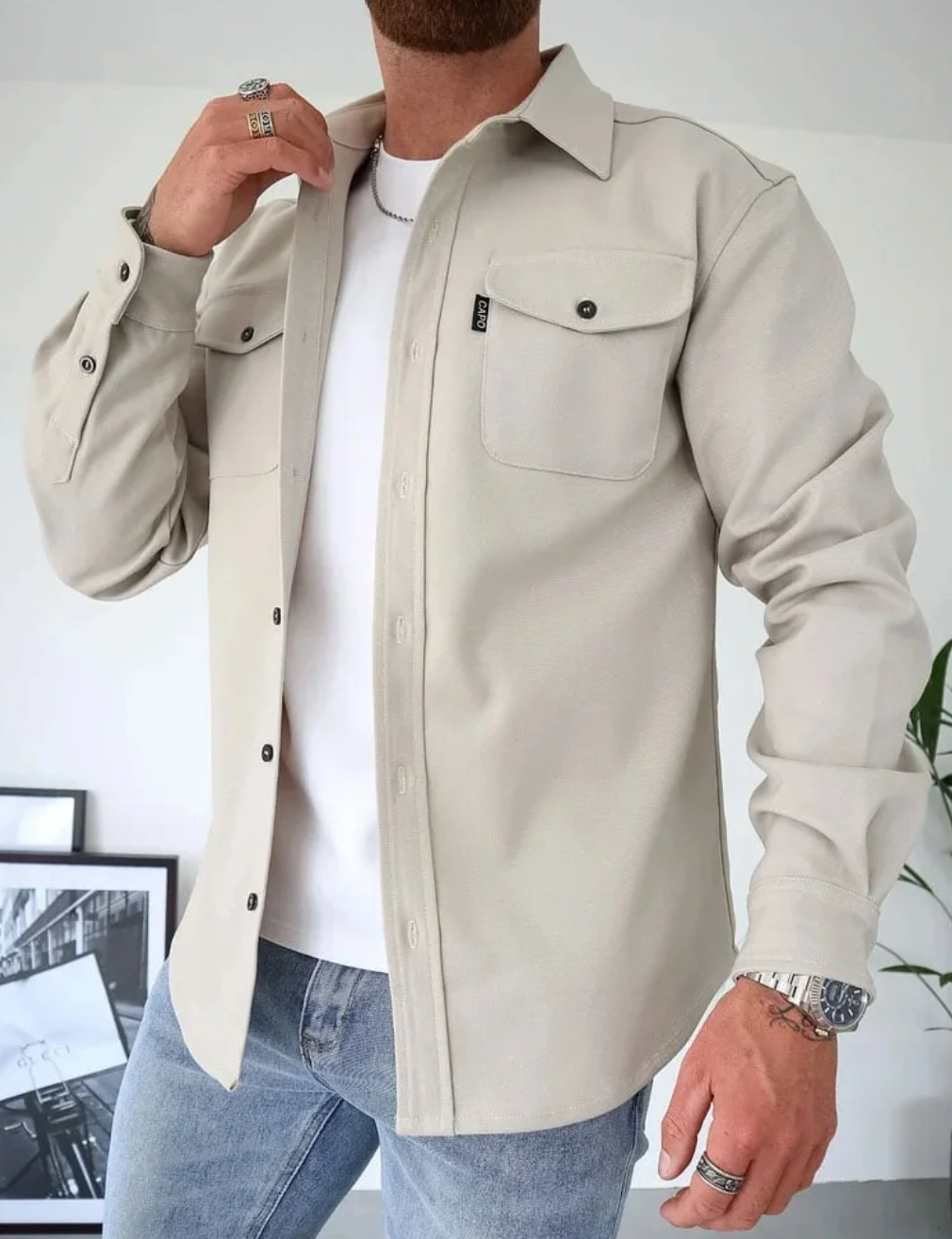 Veste Chemise En Coton Pour Homme Avec Boutons Poches Poitrine Manche Longue Décontractée