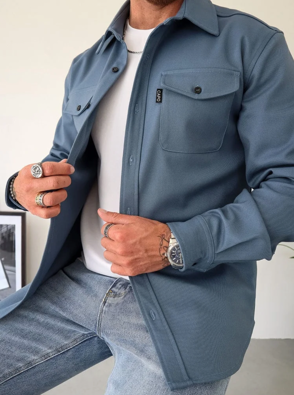 Veste Chemise En Coton Pour Homme Avec Boutons Poches Poitrine Manche Longue Décontractée