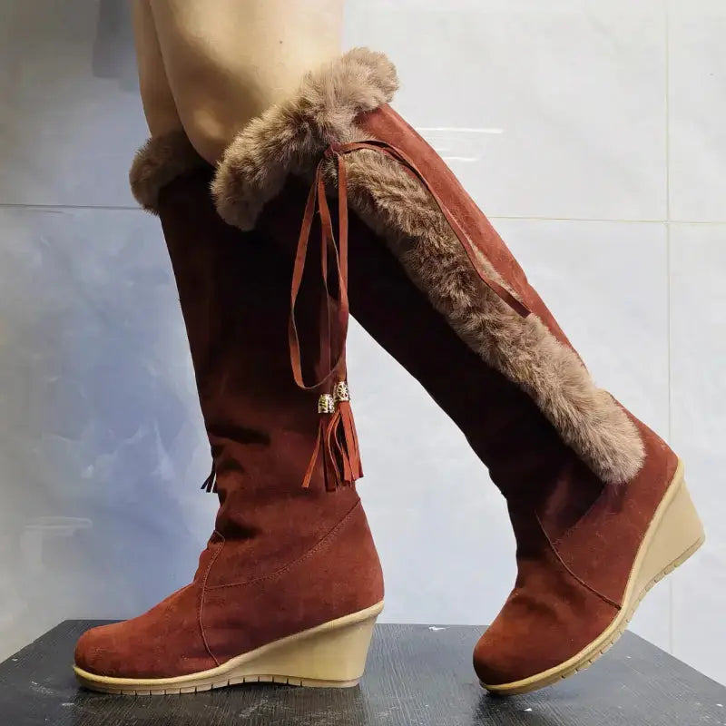 Bottes Hautes Genou Pour Femmes Chaudes Style Combat Avec Doublure Chaude Pour Hiver Confortables