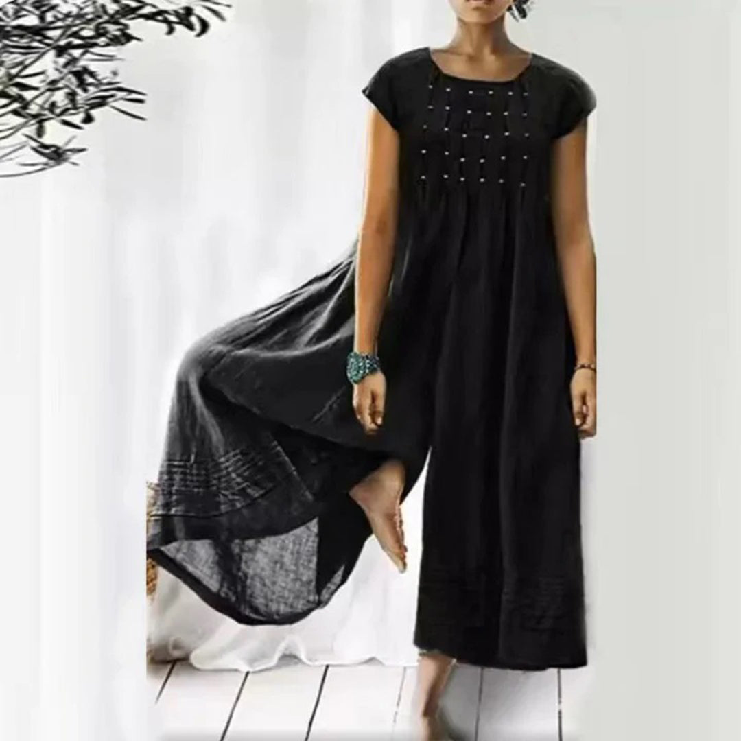 Robe Femme Bohème Amawinc Longue Aérée Coupe Fluide Manches Courtes Encolure Ronde Coton Mélangé Léger