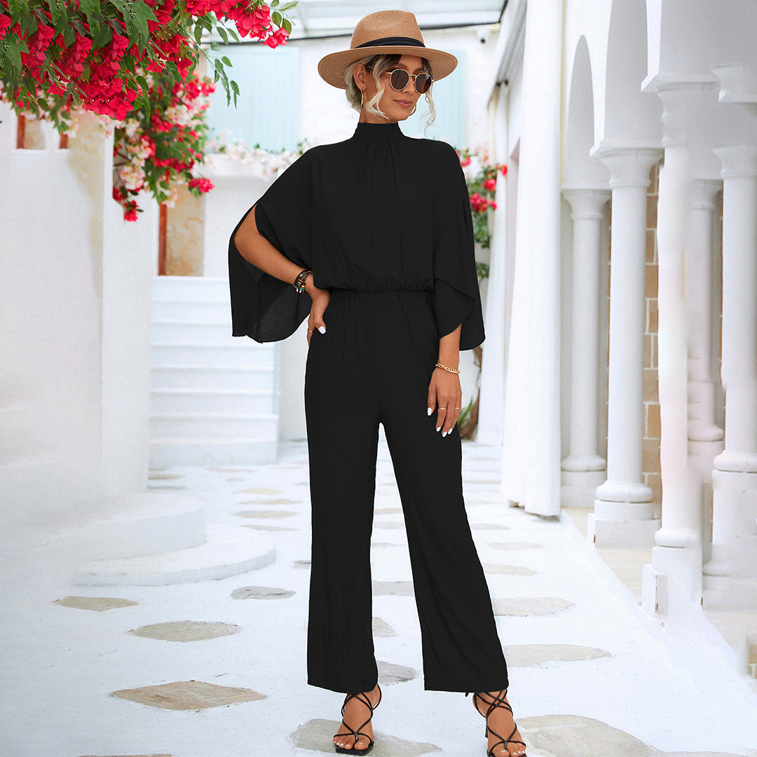 Combinaison Femme Col Haut Manches Cape À Fente Taille Ajustée Jambes Larges Élégance Nordique Moderne