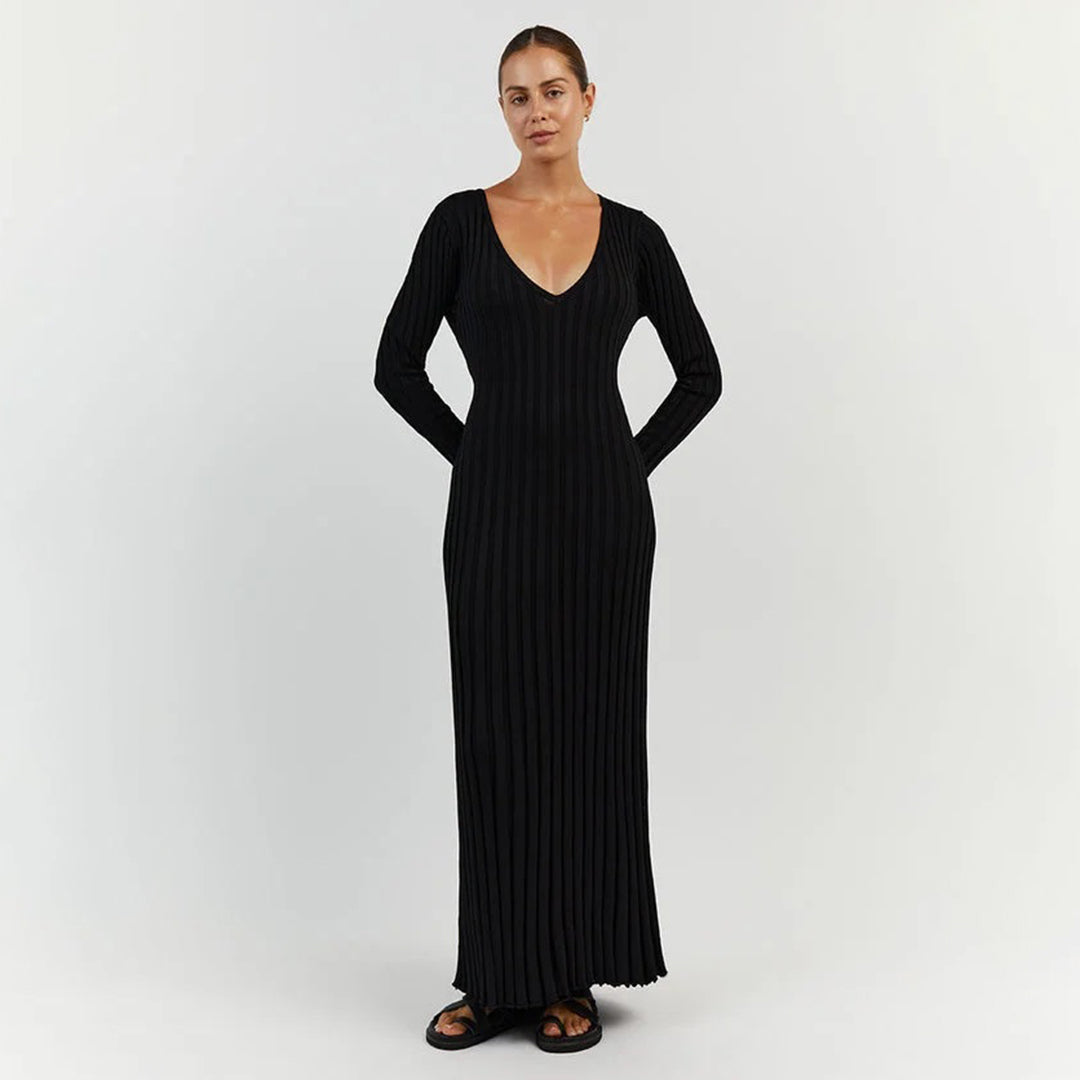 Robe Maxi Tricot Pour Femme Col En V Manches Longues Coupe Ajustée Côtée Élégante Et Confortable Amawinc