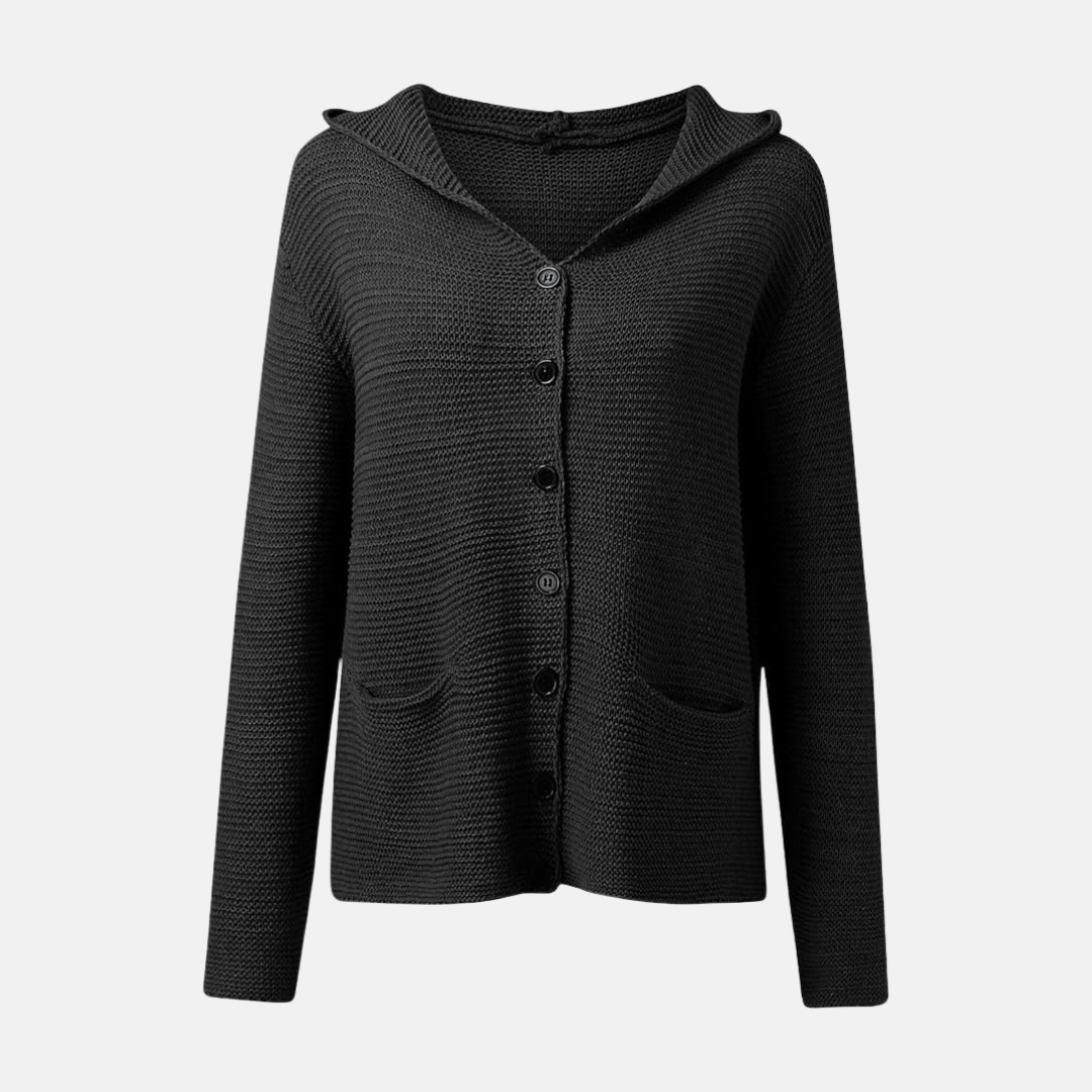 Cardigan En Maille À Capuche Pour Femmes Coupe Décontractée Bouton Devant Poches Patch Poignets Côtes
