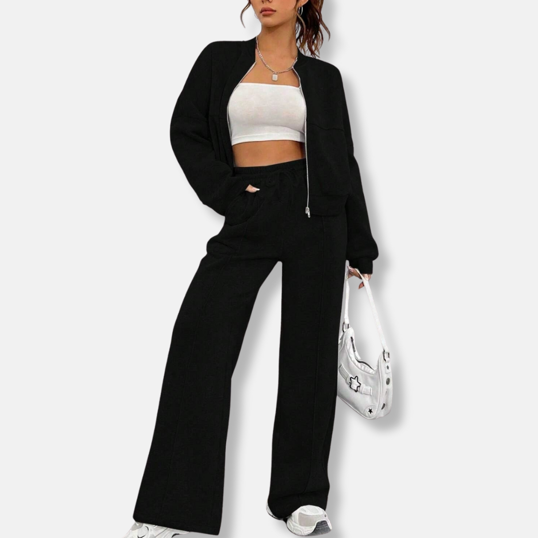 Ensemble Deux Pièces Loungewear Pour Femme Veste Bomber Décontractée Pantalon Taille Haute Évasé
