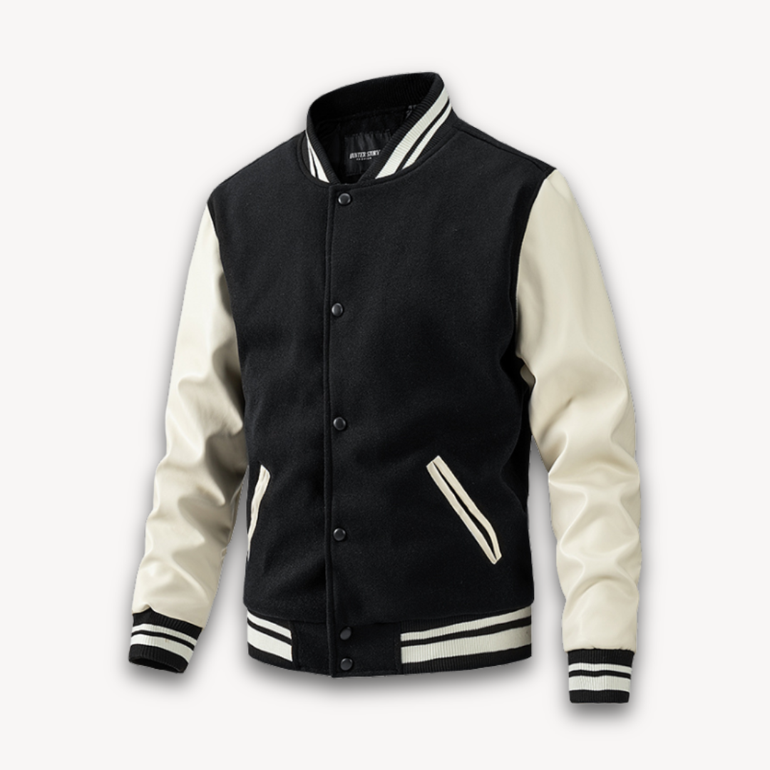Veste Varsity Homme À Coupe Classique Avec Corps À Aspect Laine Et Manches En Cuir Fermeture Boutons-Pression