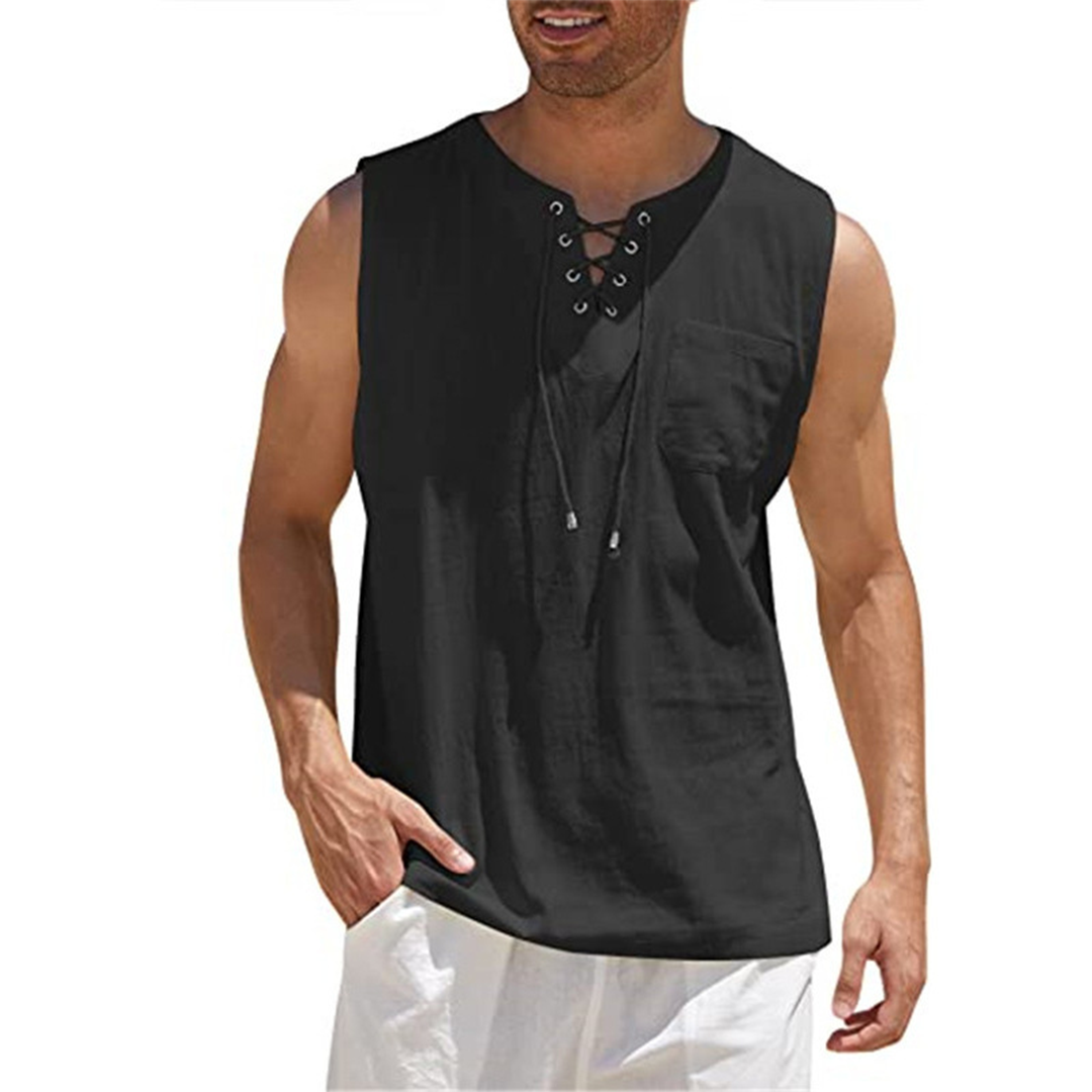 Chemise Sans Manches Homme En Coton Mélangé Avec Laçage Devant Et Poche Poitrine Décontractée Pour Été