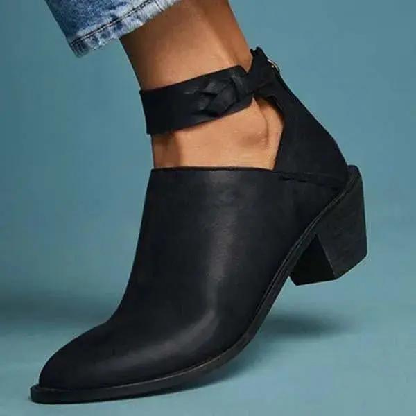 Bottines Femme Talon Bloc Ouvertes Sur Le Côté Avec Bride Tressée En Faux Cuir Polyvalentes