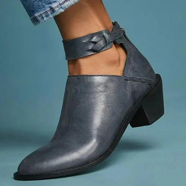 Bottines Femme Talon Bloc Ouvertes Sur Le Côté Avec Bride Tressée En Faux Cuir Polyvalentes