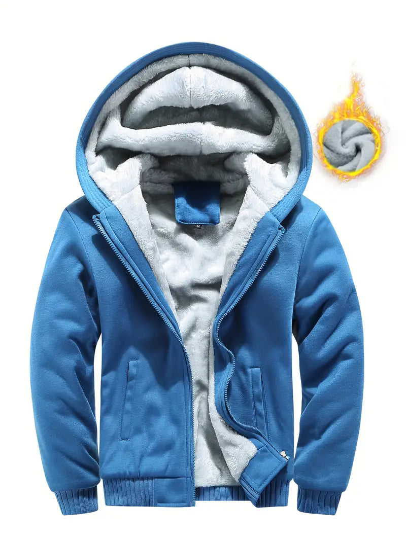Liazen Fleece Hooded Zipper Jacket, Solid Color Thick Casual Hoodie