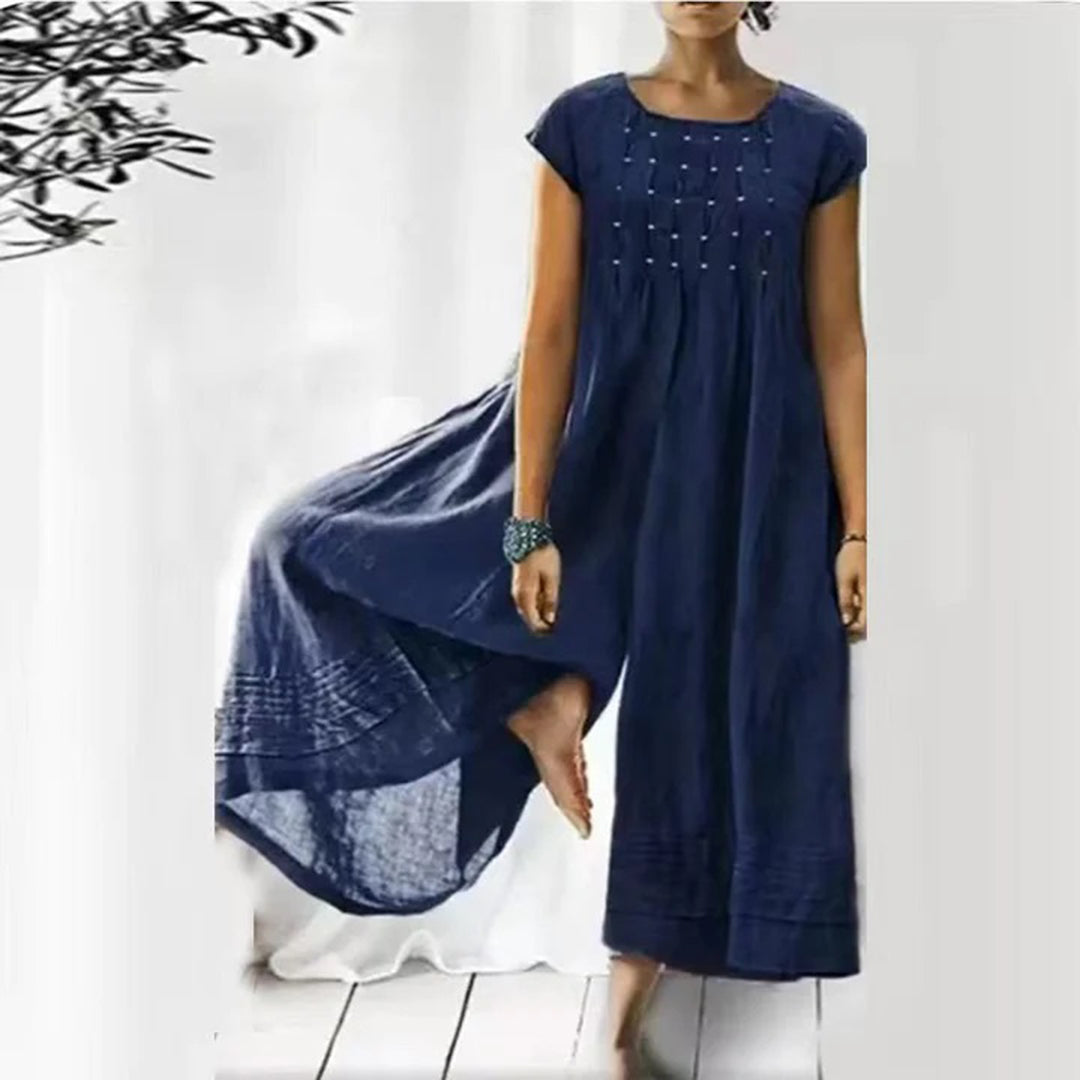 Robe Femme Bohème Amawinc Longue Aérée Coupe Fluide Manches Courtes Encolure Ronde Coton Mélangé Léger
