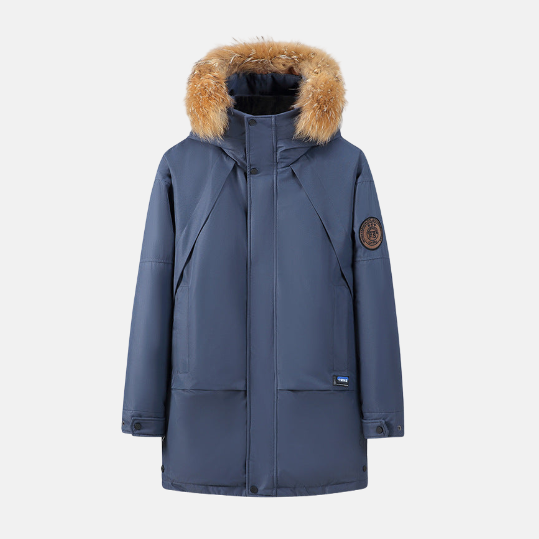 Parka Homme Capuche Amovible Bordure Fourrure Synthétique Longueur Mi-Cuisse Extérieur Tissé Lisse