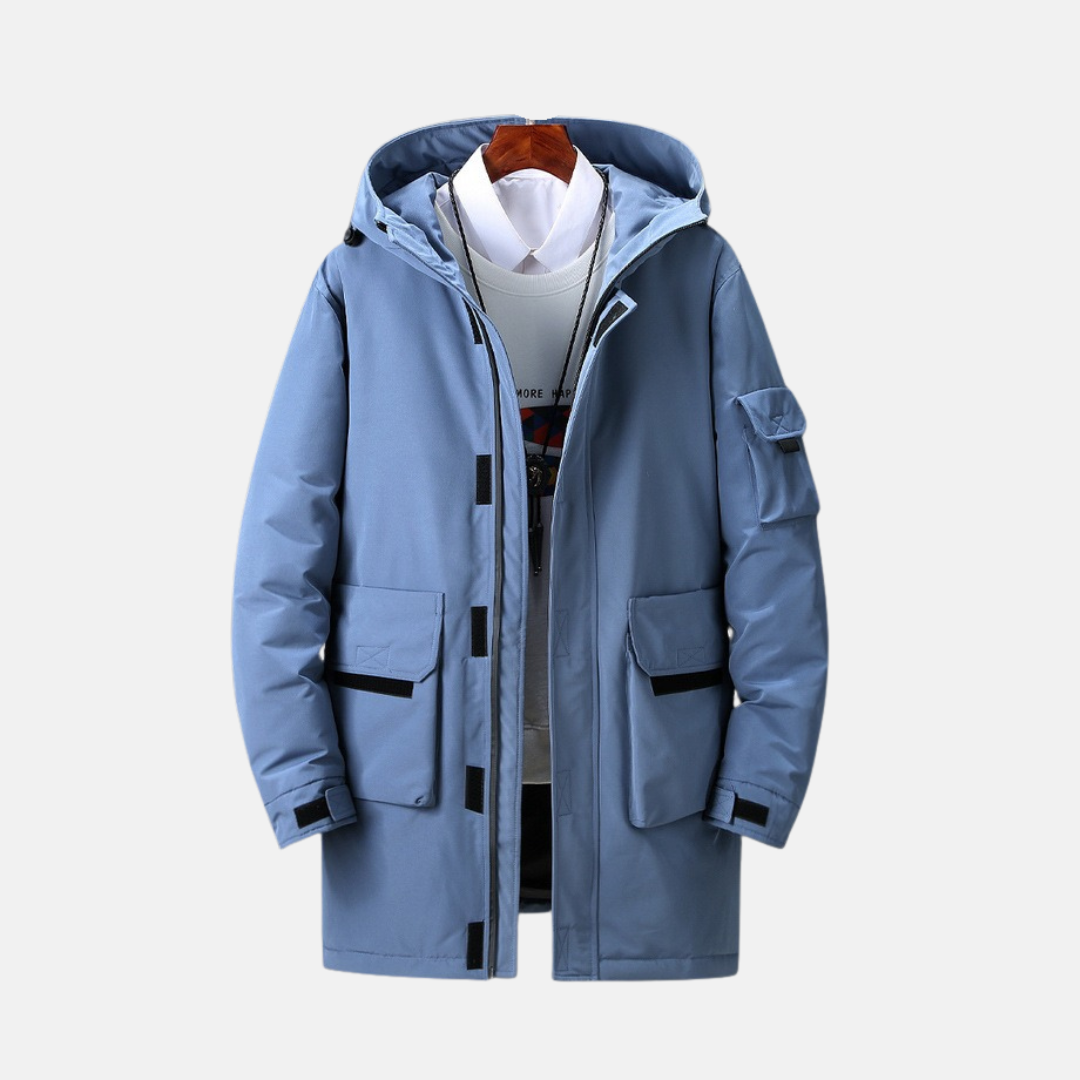 Manteau Hiver À Capuche Pour Hommes En Tissu Tissé Longueur Mi-Cuisse Réglables Poignets