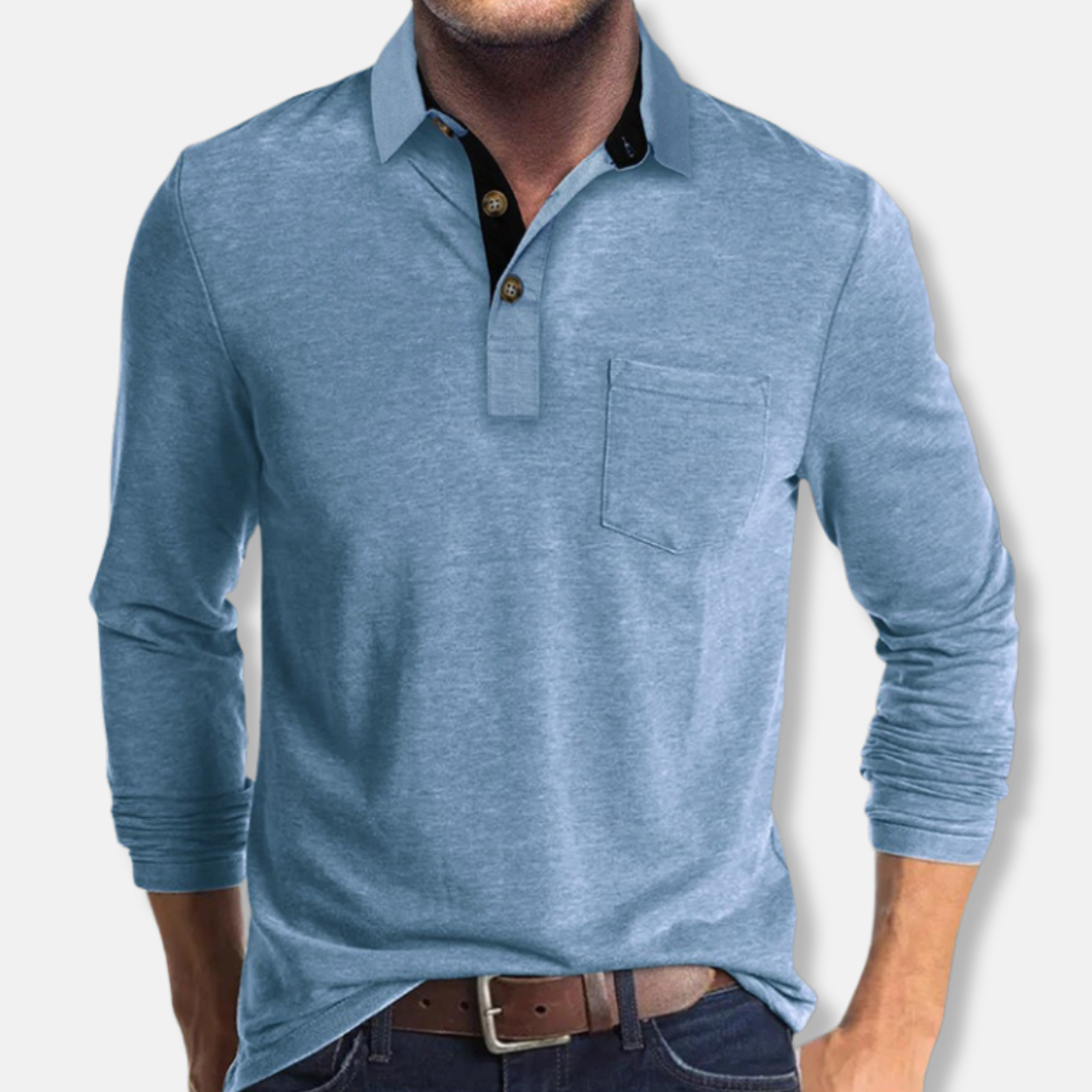Polo Homme Manches Longues En Maille Coton Mélangé Col Contrasté Coupe Regular Pour Style Smart Casual Décontracté