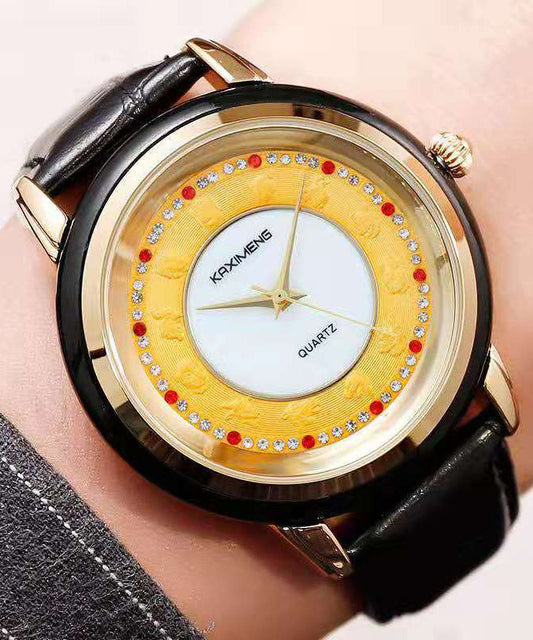 Montre étanche en alliage de cuir noir bohème, incrustée de zircons, verre trempé et jade - Amawinc