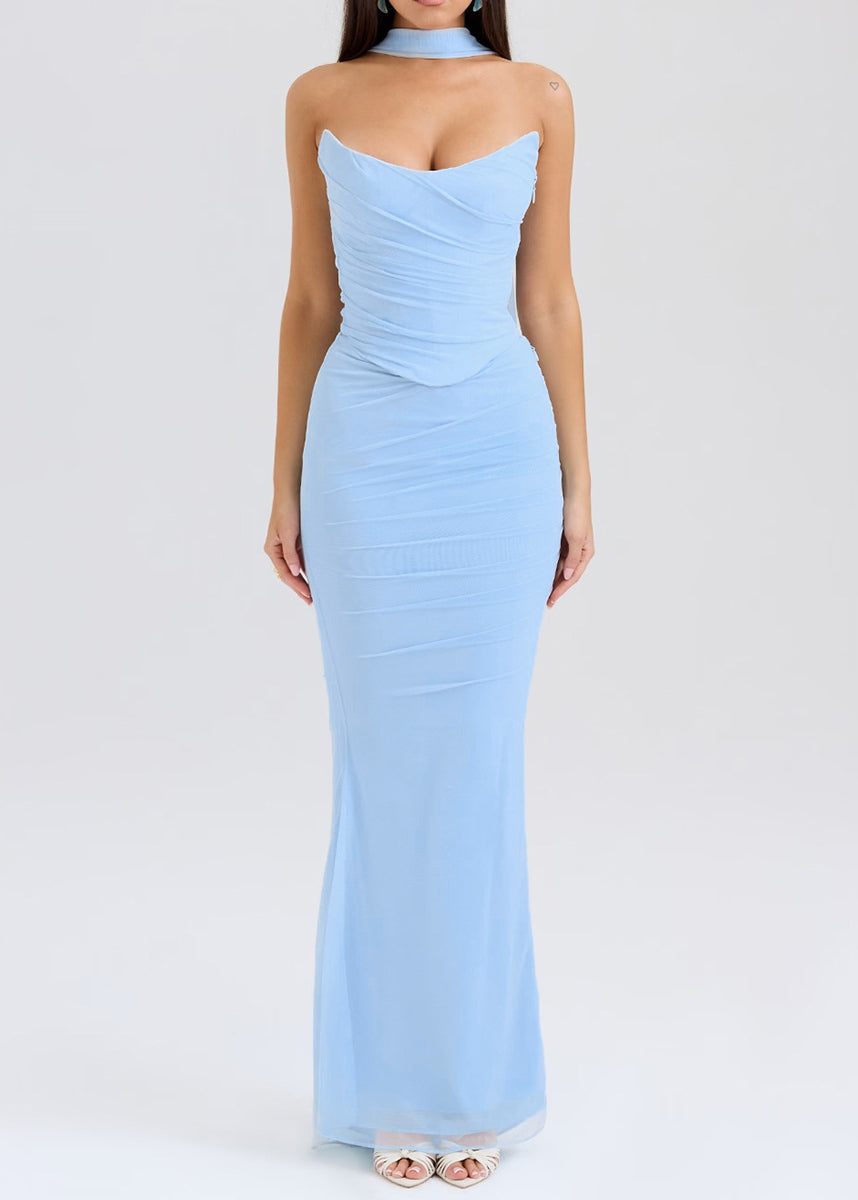 Robe bohème bleue dos nu en tulle sans bretelles - Amawinc