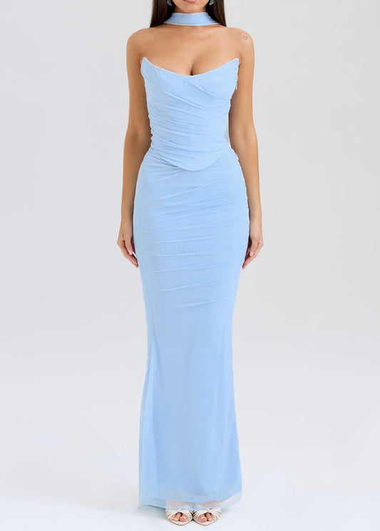 Robe bohème bleue dos nu en tulle sans bretelles - Amawinc