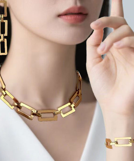 Ensemble de trois boucles d'oreilles pendantes, bracelet et collier lariat en alliage de cuivre doré de Bohême - Amawinc