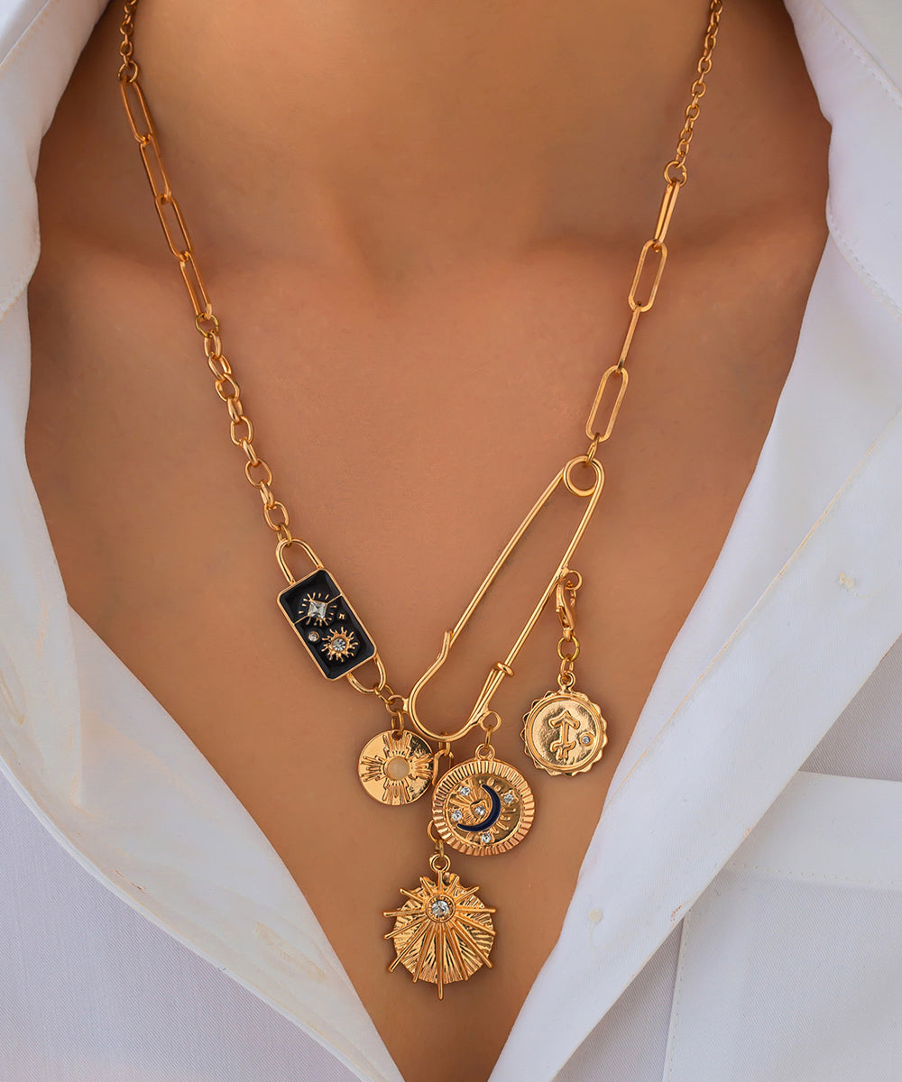 Collier bohème avec pendentif croix asymétrique en alliage de cuivre doré et zircon - Amawinc