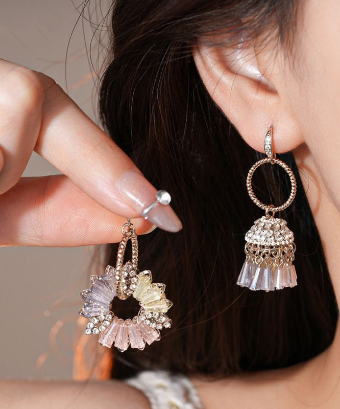 Boucles d'oreilles pendantes asymétriques en forme de cloche florale en cristal de Bohème, en cuivre doré et zircon - Amawinc