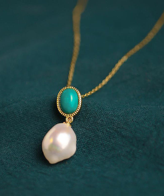 Collier avec pendentif en argent sterling et perles turquoises surdorées de Bohème - Amawinc