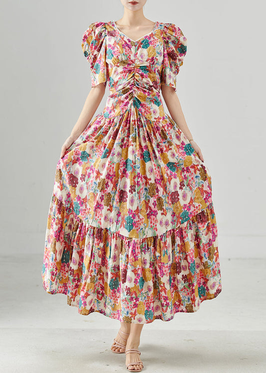 Robe longue bohème en coton imprimé à manches bouffantes pour l'été - Amawinc