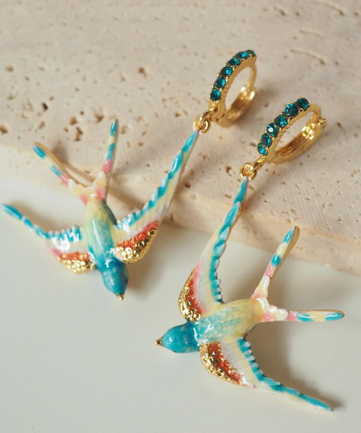 Boucles d'oreilles pendantes bohèmes en alliage de cuivre et émail avec pierres précieuses en forme d'hirondelle - Amawinc
