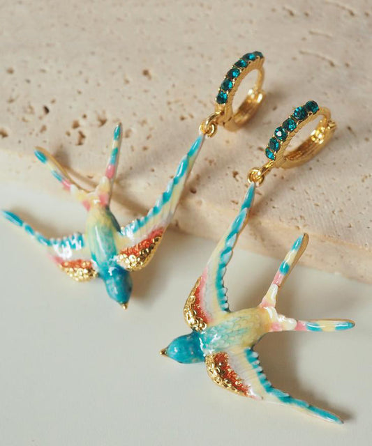Boucles d'oreilles pendantes bohèmes en alliage de cuivre et émail avec pierres précieuses en forme d'hirondelle - Amawinc