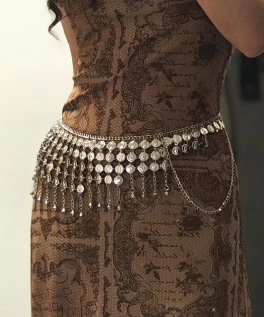 Chaîne de corps bohème en alliage blanc à paillettes et pompons - Amawinc