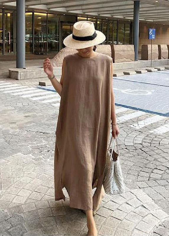 Robe Bohème En Lin Et Coton Col Rond Avec Fente Latérale Taille Unique Femme Été Respirante Amawinc