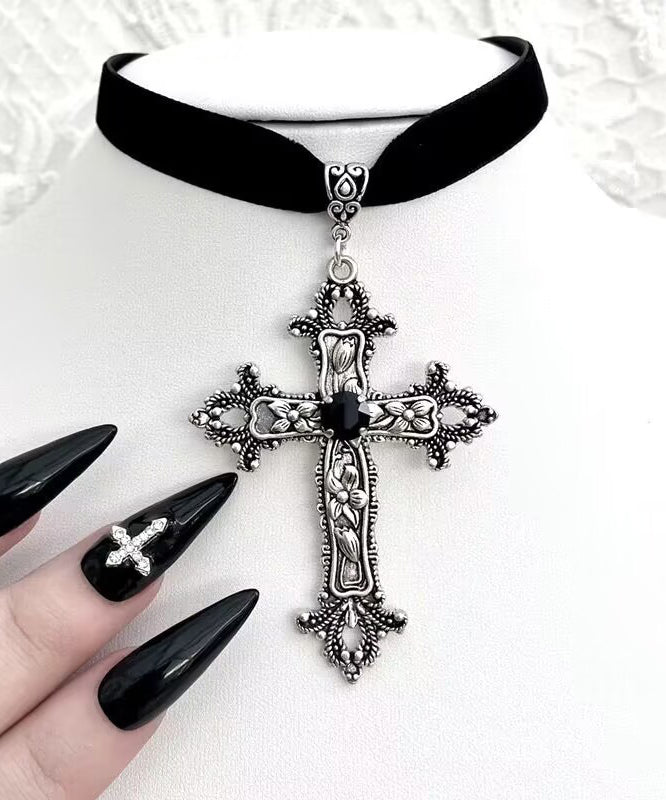 Collier Boho avec pendentif croix en cuir véritable noir - Amawinc