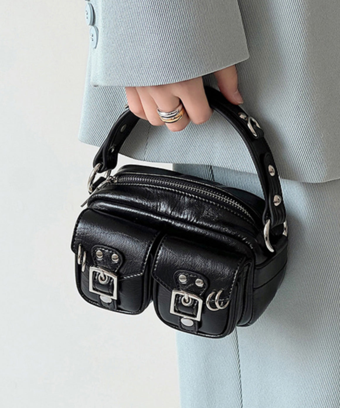 Mini sac Boho noir solide et durable avec poches en similicuir - Amawinc