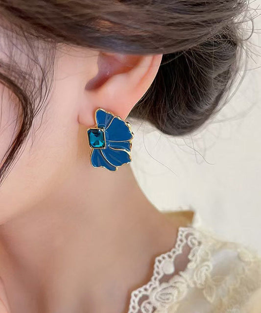 Boucles d'oreilles à tige en alliage bleu bohème avec cristaux et pétales émaillés - Amawinc