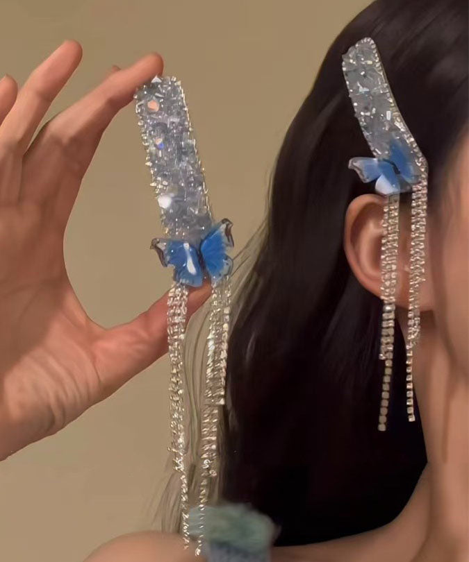 Épingles à cheveux bohèmes bleues en alliage de zircon et pompon papillon (paire) - Amawinc