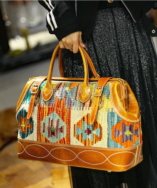 Sac fourre-tout en cuir et toile de lin style bohème marron jacquard patchwork - Amawinc