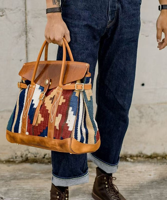 Sac fourre-tout en cuir patchwork imprimé marron bohème - Amawinc