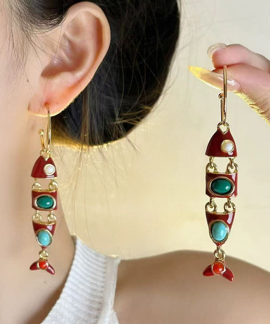 Boucles d'oreilles pendantes bohèmes en alliage de cuivre émaillé, forme de poisson, colorblock. - Amawinc