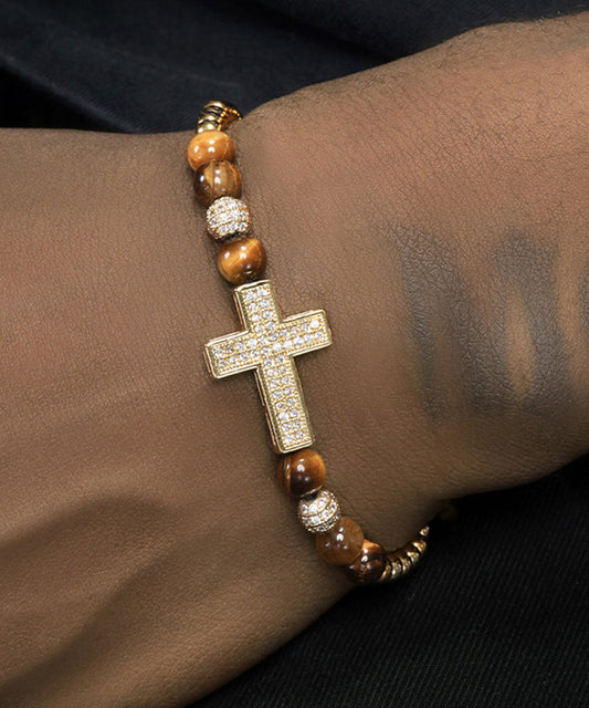 Bracelet à breloques Boho pour homme, croix en zircon doré et cuivre - Amawinc