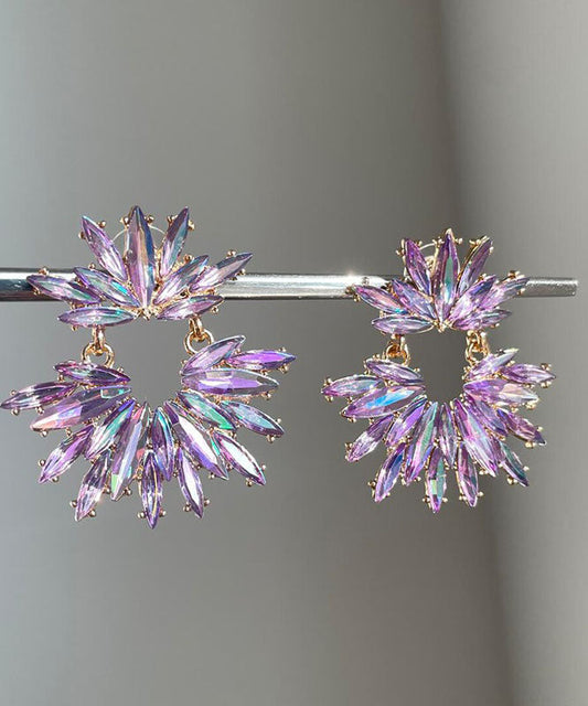 Boucles d'oreilles créoles florales en acrylique violet et zircon de style bohème - Amawinc