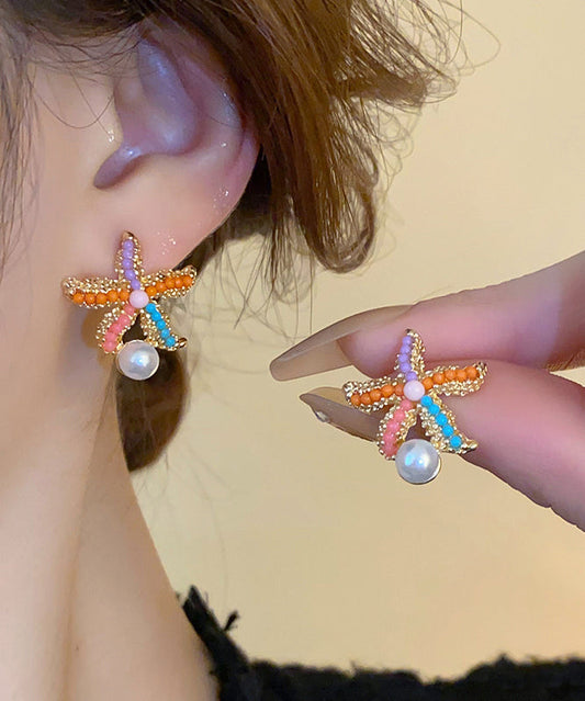 Boucles d'oreilles à tige style bohème arc-en-ciel en alliage de zircon et perles en forme d'étoile de mer - Amawinc