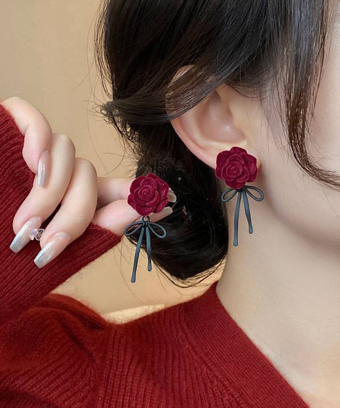Boucles d'oreilles à tige style bohème en alliage de cuivre rouge avec nœud rose floqué - Amawinc