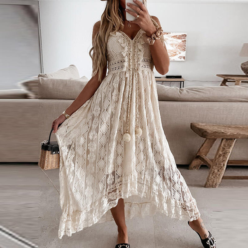 Robe Maxi Femme Bohème Avec Dentelle Et Broderie Décolleté En V Sans Manches Été