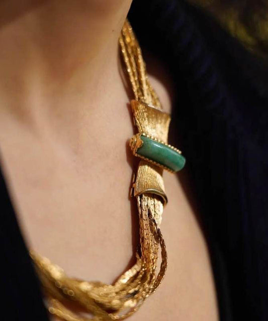 Ensemble deux pièces : collier et bracelet en chaîne en argent sterling et jade doré - Amawinc