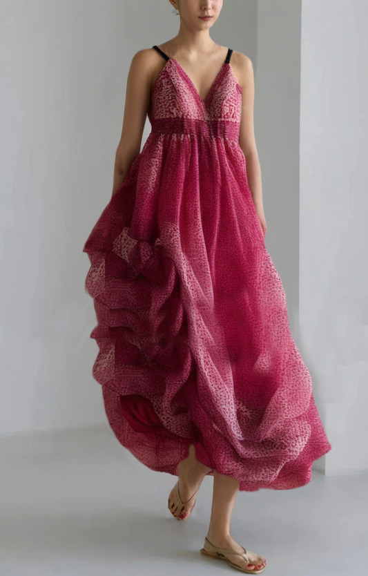 Robe à bretelles spaghetti en soie patchwork froissée à imprimé rose Grace sans manches - Amawinc