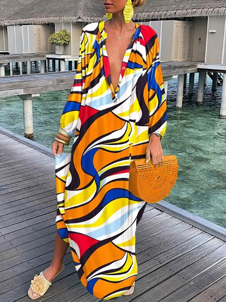 Robe Maxi Bohème Boho Breeze Amawinc Imprimé Coloré Idéale Vacances Plage Confort Toute La Journée